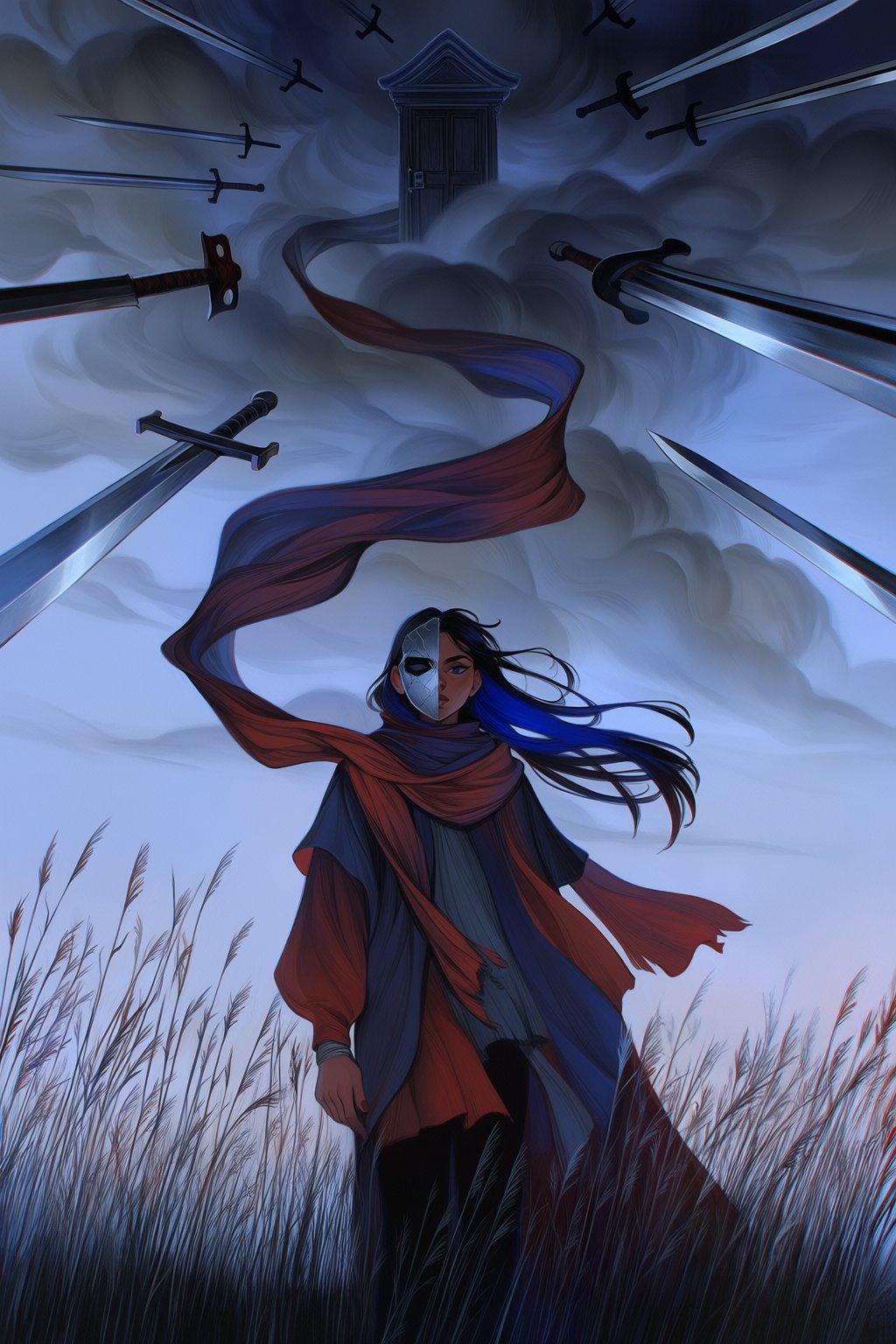 @loish,  surrealistic,  A dark surrealistic painting depicts a swordsman standing in a field of tall grass made entirely o...