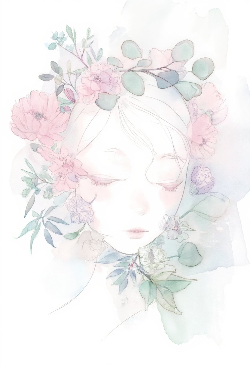 softwatercolor portrait of a woman with her eyes closed,  surrounded by a delicate wreath of wild peonies and eucalyptus l...