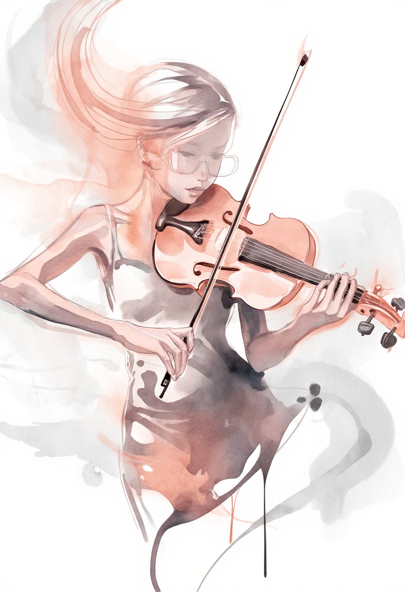 softwatercolor illustration of an expressive female violinist lost in her music. The movement of the bow is captured throu...