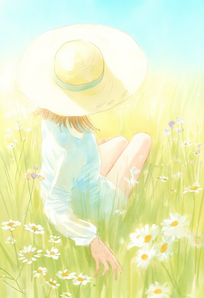 softwatercolor depiction of a woman sitting in a field of tall grass and daisies,  viewed from behind. She wears a wide-br...