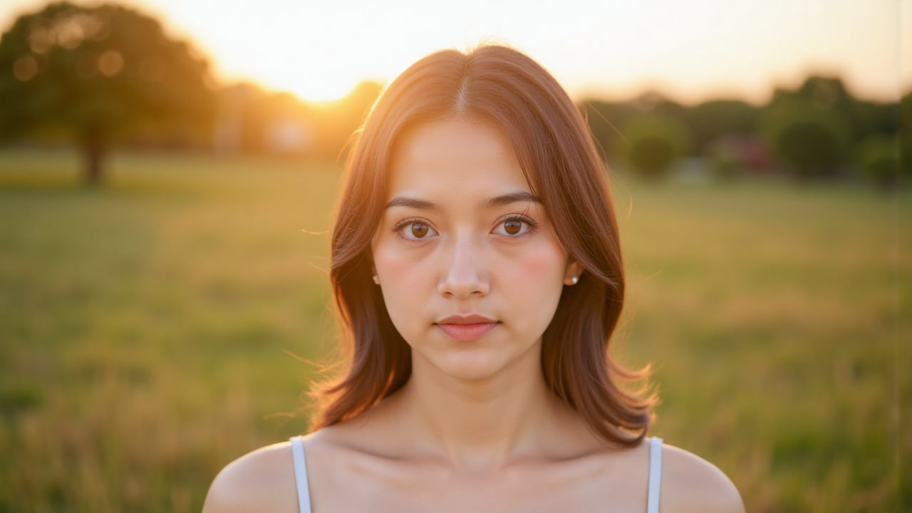 Photorealistic cinematic POV of a woman standing outdoors looking directly at the viewer,  golden hour sunlight,  immersiv...