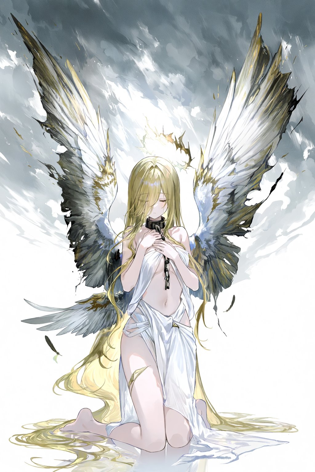 @fuz1choco,  A melancholic digital illustration depicts a celestial being in a state of sorrowful grace. The figure is kne...