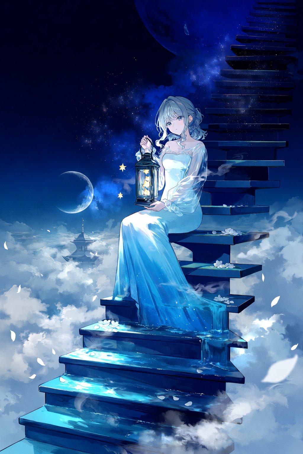 @fuz1choco,  A lyrical painterly scene shows a woman seated on a staircase that vanishes into the clouds. She wears a long...
