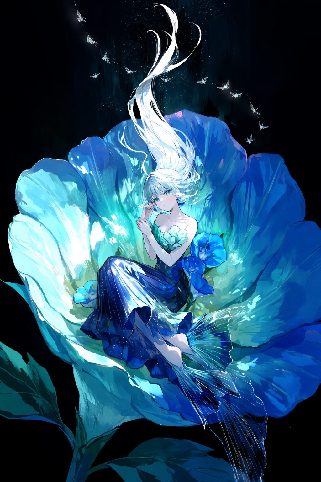 @fuz1choco,  A surreal blue-toned artwork depicts a woman curled inside the center of a giant blooming morning glory flowe...