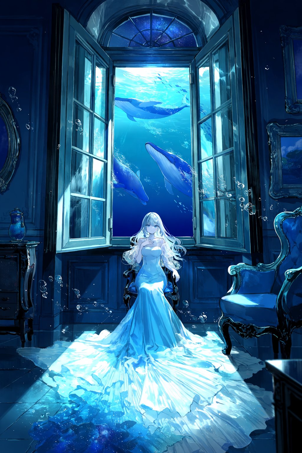 @fuz1choco,  A surrealistic portrait shows a woman with pale blue skin and silver hair seated before an enormous open wind...