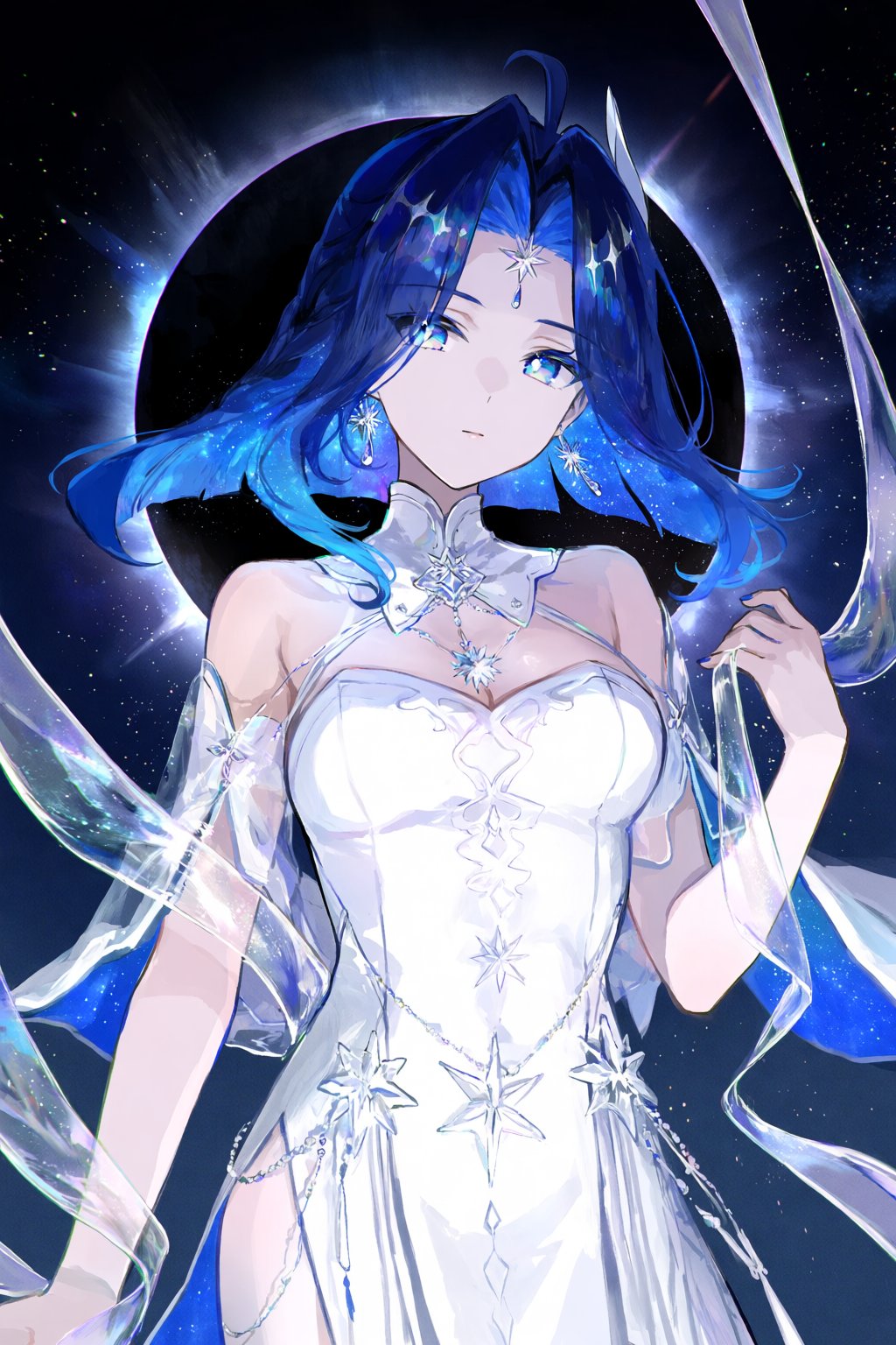 @fuz1choco,  A supernatural digital painting portrays a celestial figure with flowing midnight-blue hair and luminous silv...