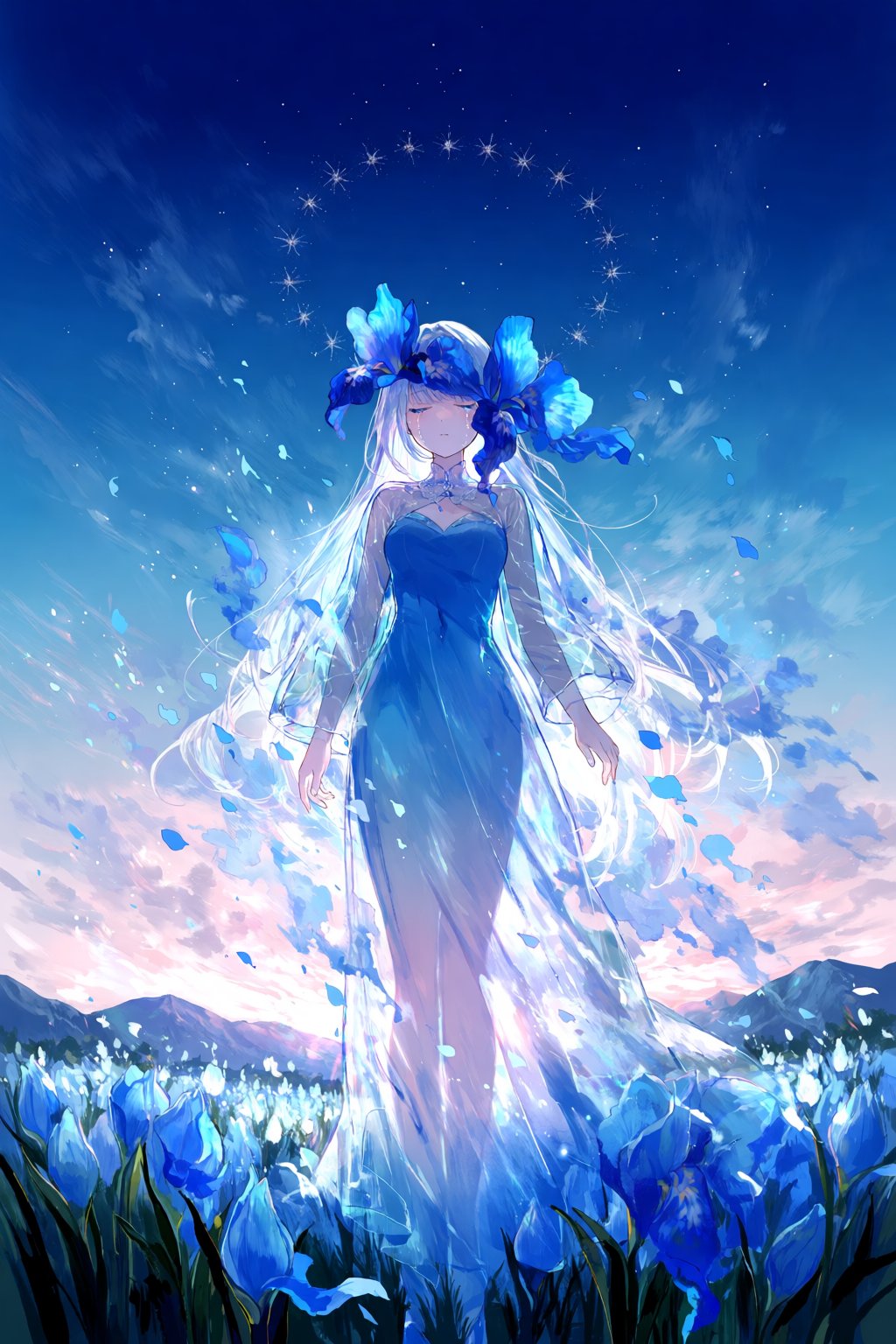 @fuz1choco,  A haunting painterly scene shows a woman standing in a field of giant blue irises beneath a twilight sky. Her...