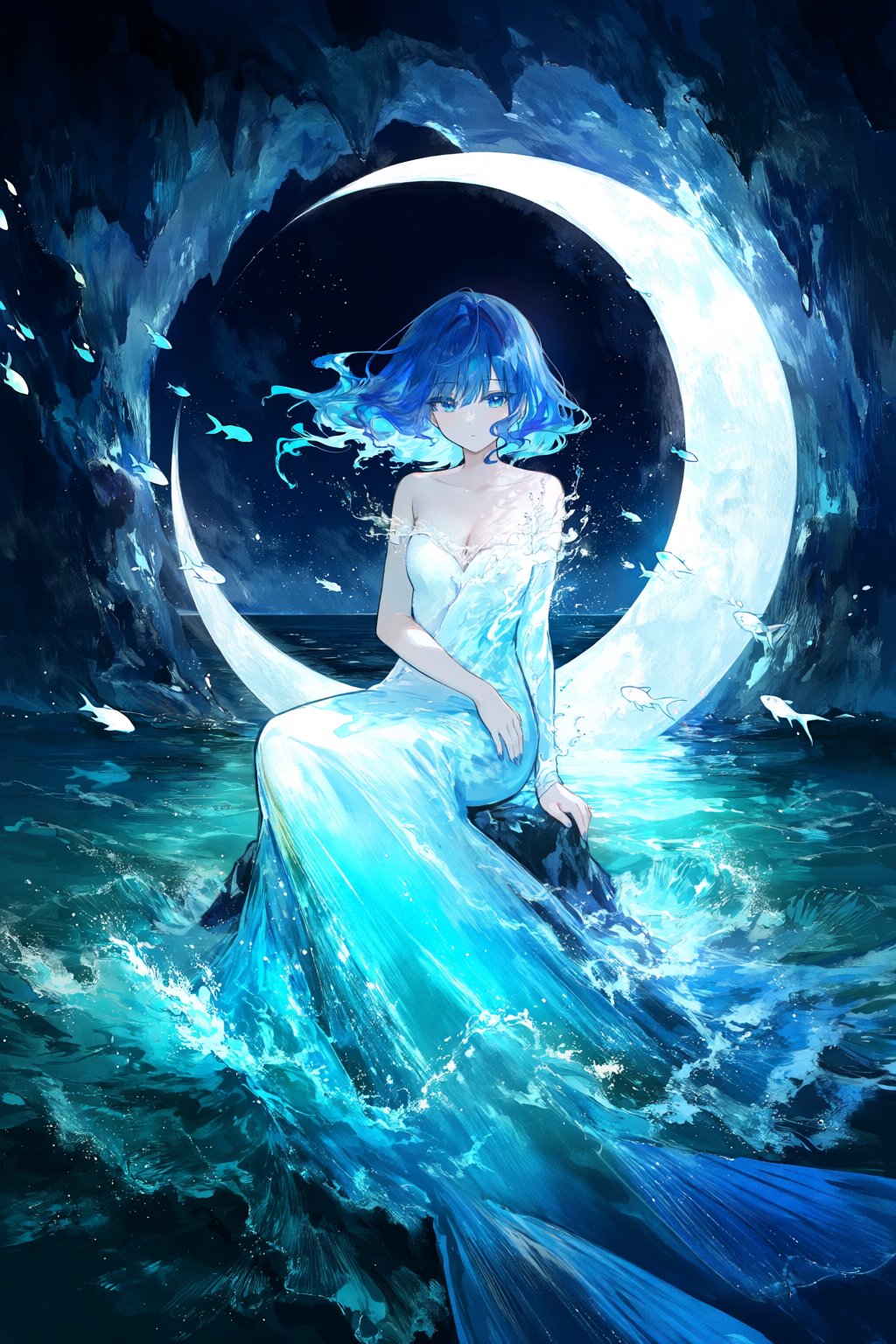 @fuz1choco,  A surrealistic painterly portrait depicts a woman with flowing indigo hair seated inside a vast,  moonlit sea...
