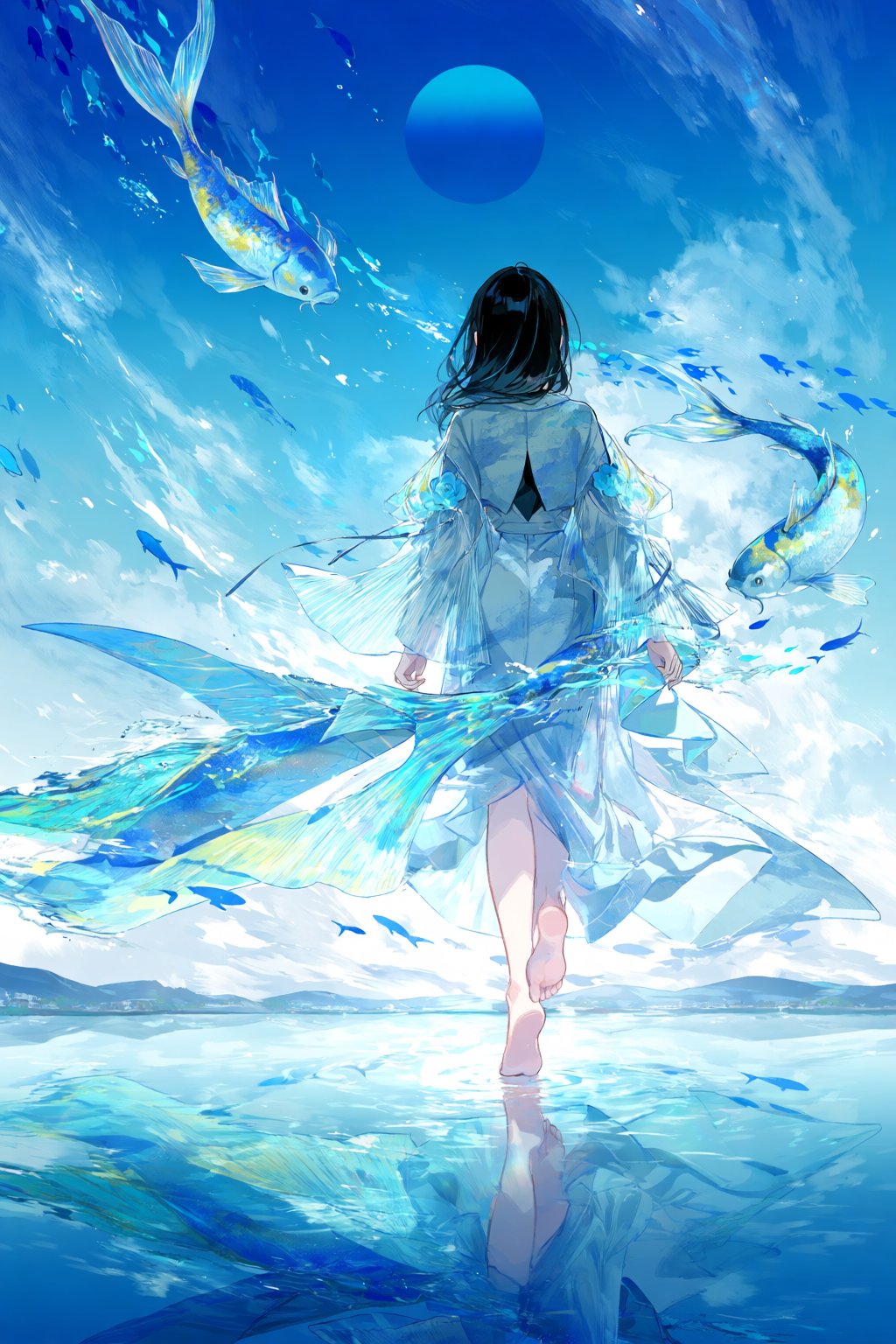 @fuz1choco,  A dreamlike painting depicts a woman walking barefoot across a mirror-like lake under a blue sun. Her layered...