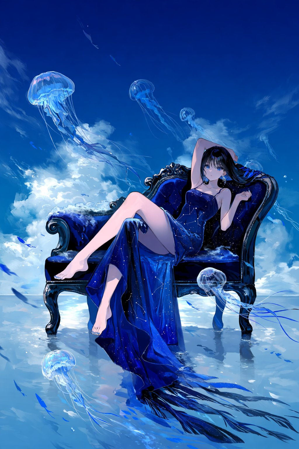 @fuz1choco,  A surreal painting features a woman reclining on a floating velvet chaise suspended in a deep blue sky filled...