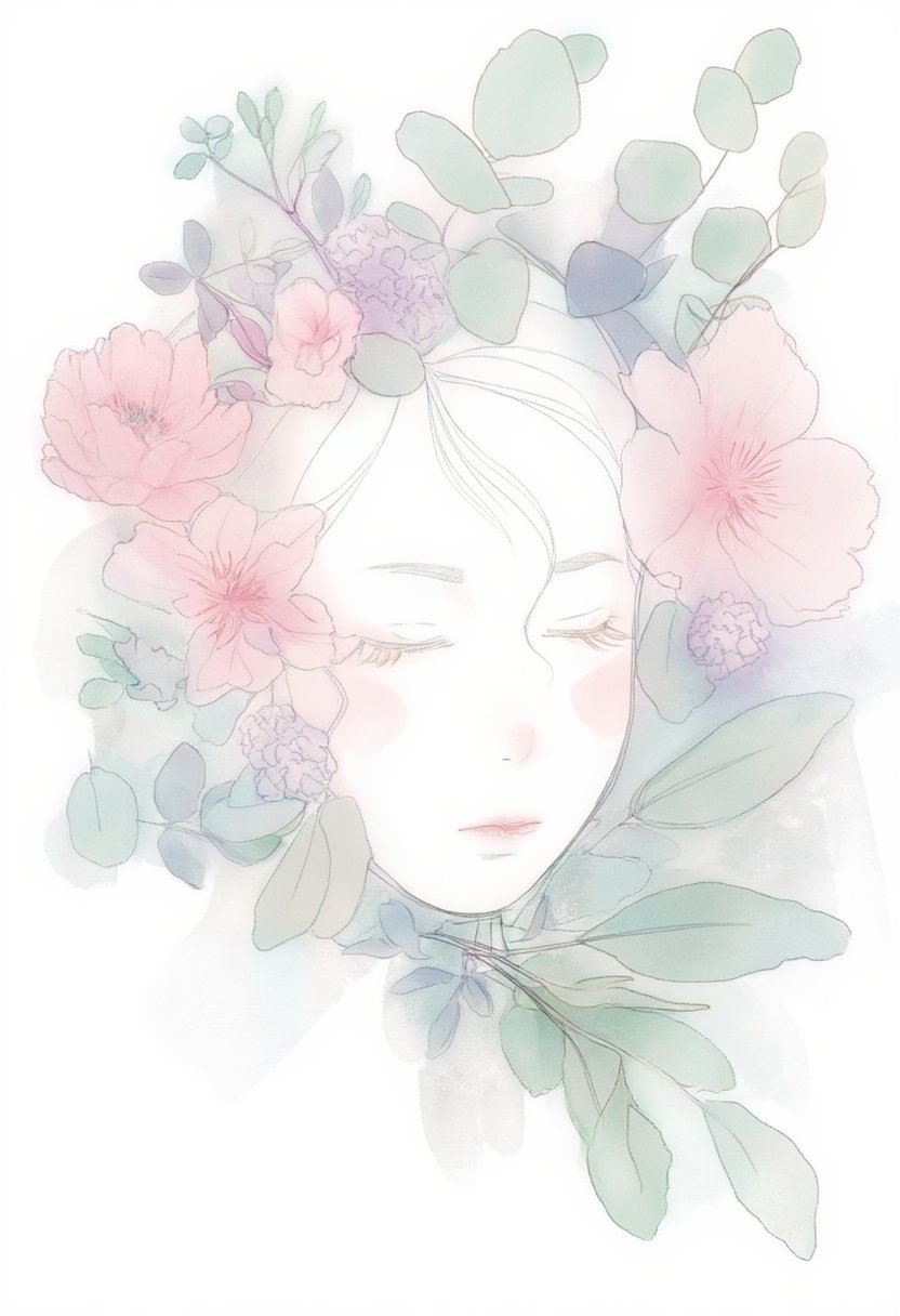 softwatercolor portrait of a woman with her eyes closed,  surrounded by a delicate wreath of wild peonies and eucalyptus l...