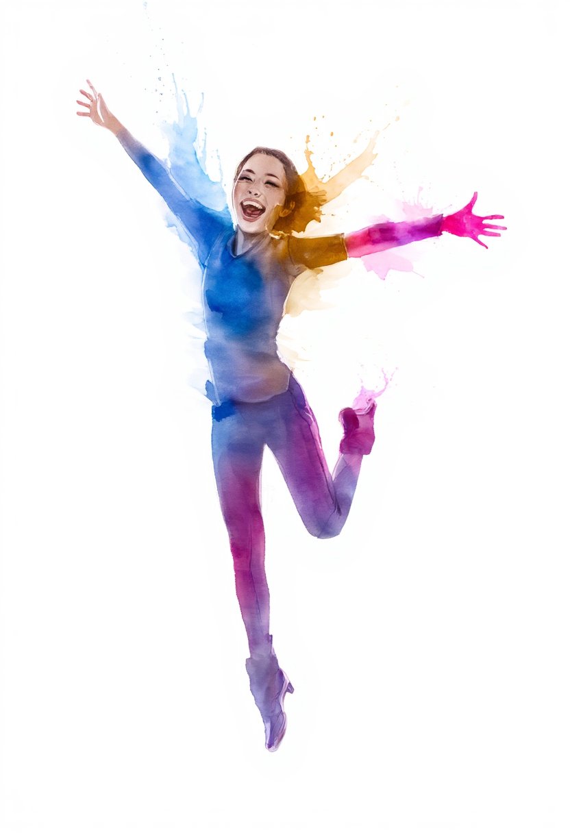 softwatercolor,  a dynamic full-body shot of a woman caught mid-leap,  arms thrown wide to the sky with a brilliant by rii...