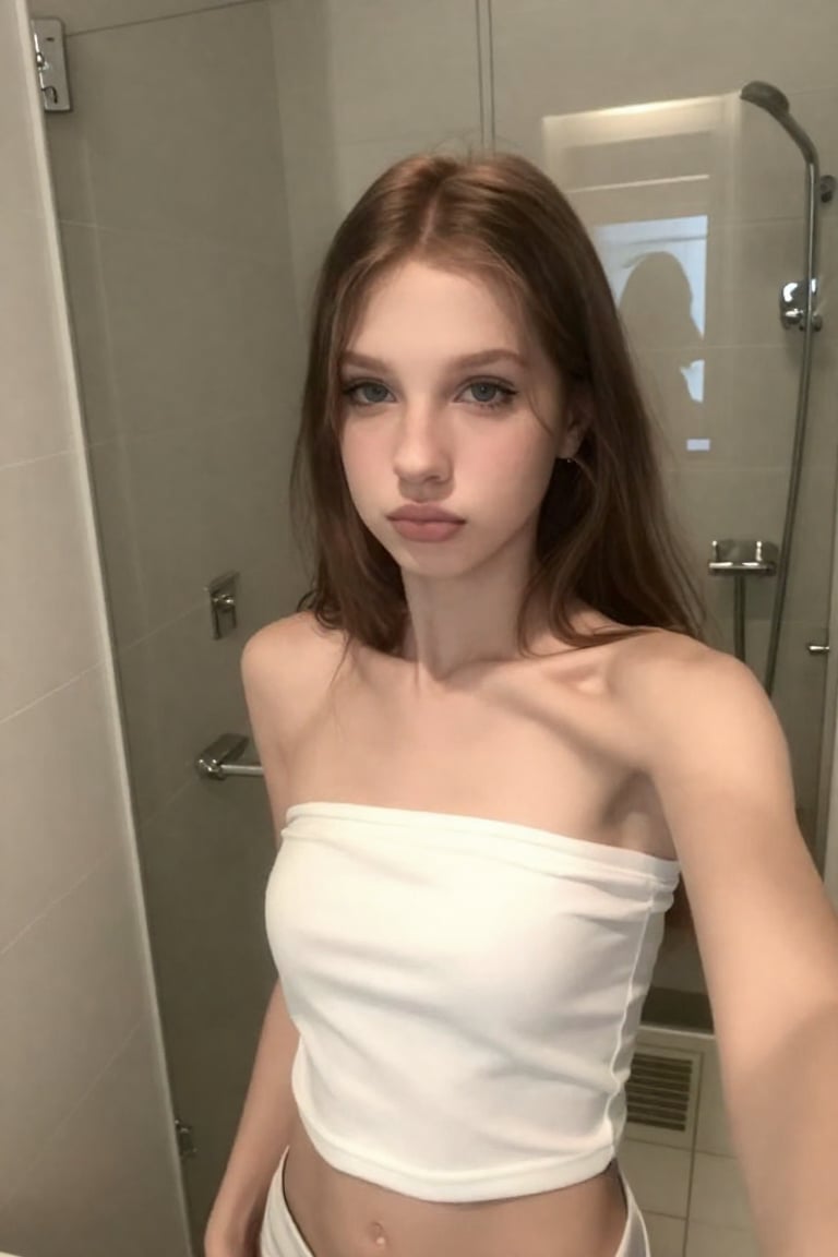 chest-up selfie of a young woman with a neutral facial expression,  standing in front of a hotel bathroom shower. She is w...