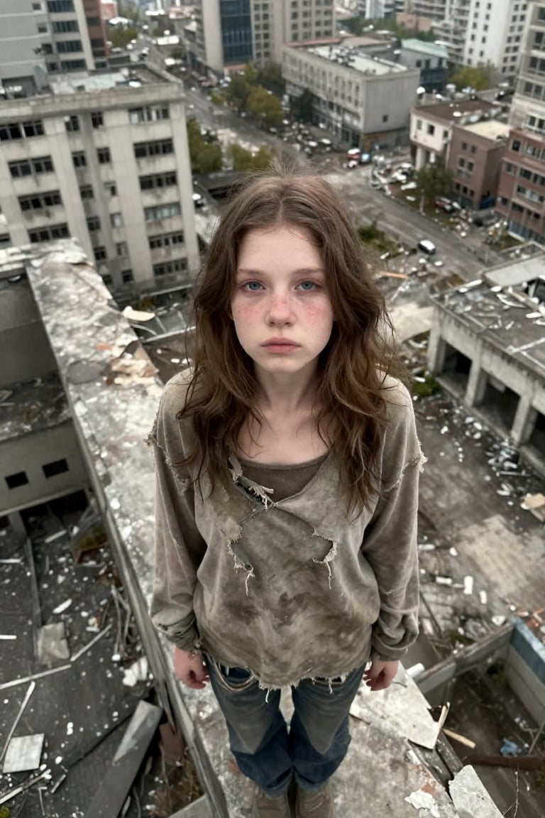 A bird’s-eye angle view of a young woman looking up at the viewer with a neutral expression,  her face being the main focu...