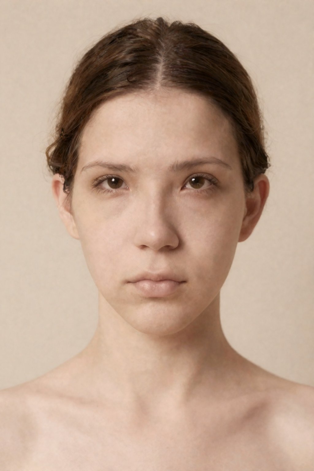 Head shot of a woman with a neutral facial expression,  set against a plain beige background,  capturing a serene and comp...