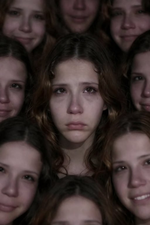 a woman looks up at the viewer with sadness in her eyes,  her body is obscured by a mass of faces with maniacal smiles by...