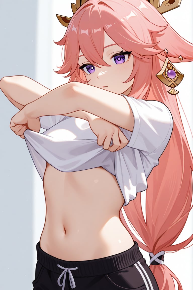 1girl,  pulling clothes up,  showing midriff by Joyaiart on Tensor.Art
