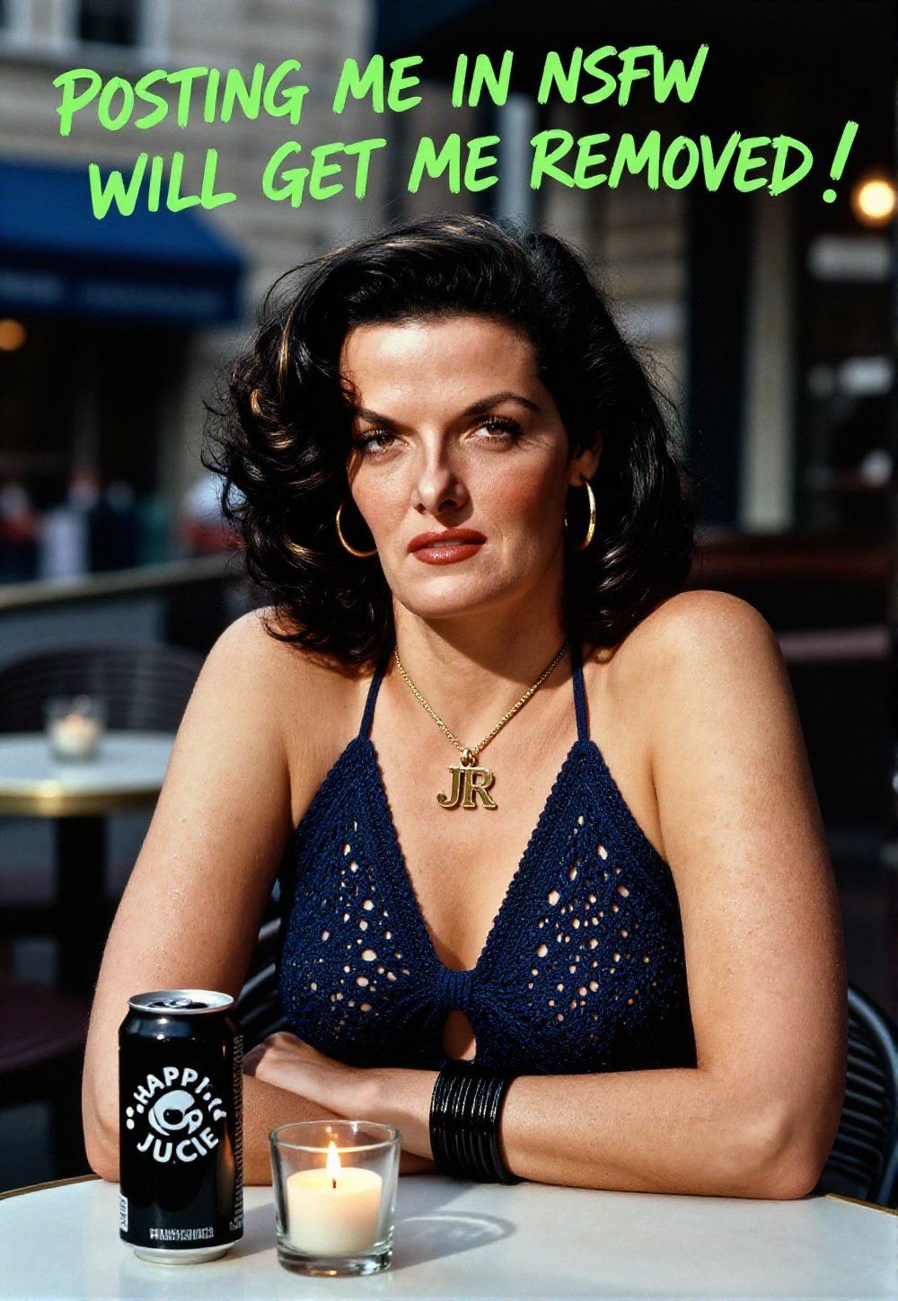 A woman with MEDIUM STRAIGHT BLACK hair WITH HIGHLIGHTS who sits at a café table,  gazing thoughtfully at the camera with...