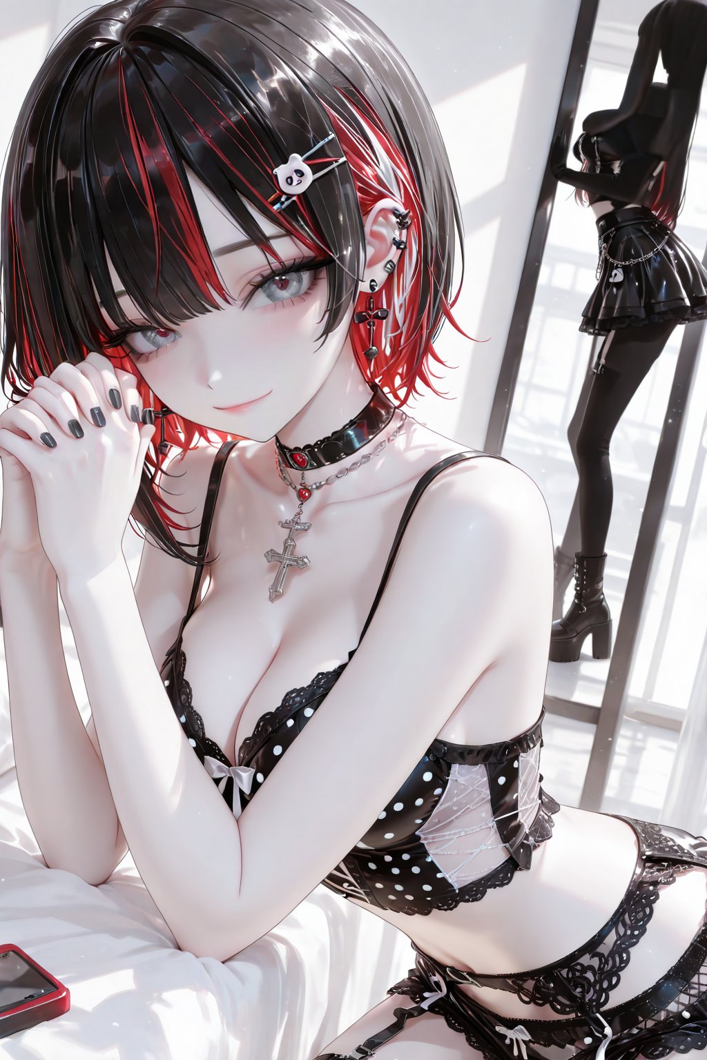 Tops: ((Pink frill and polka dot two-piece pajamas),  ((Bikini shorts)),  one girl by kagenari  on Tensor.Art