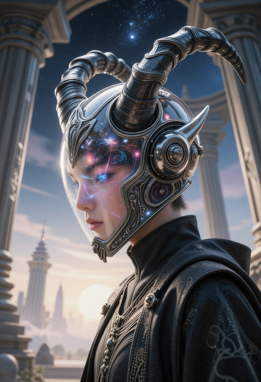 Cinematic,  futuristic scene featuring a close-up portrait of a mysterious figure wearing a dark,  flowing robe. The figur...