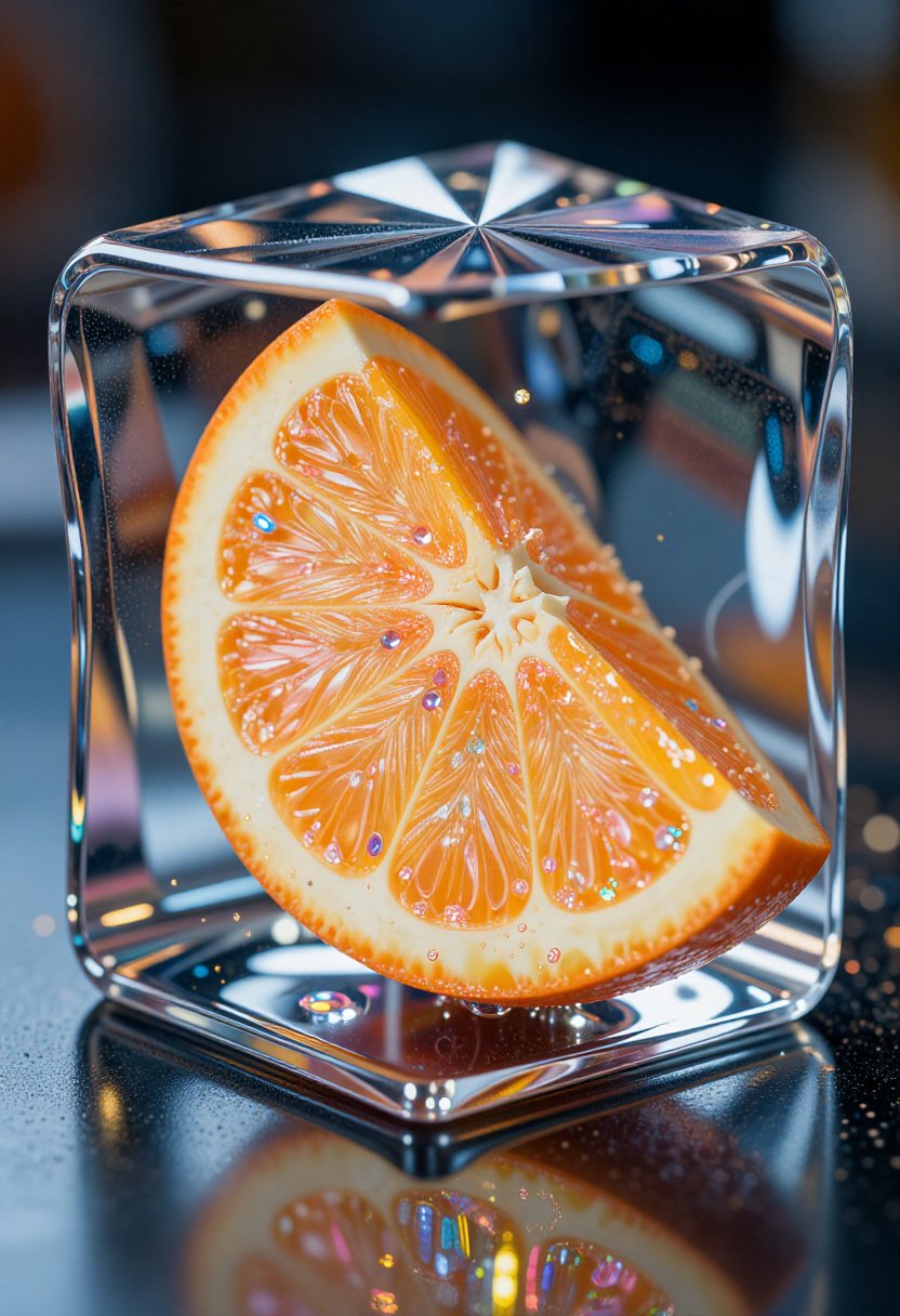 3D render,  realistic,  shining orange slice inside faceted ice cube by riiwa on Tensor.Art