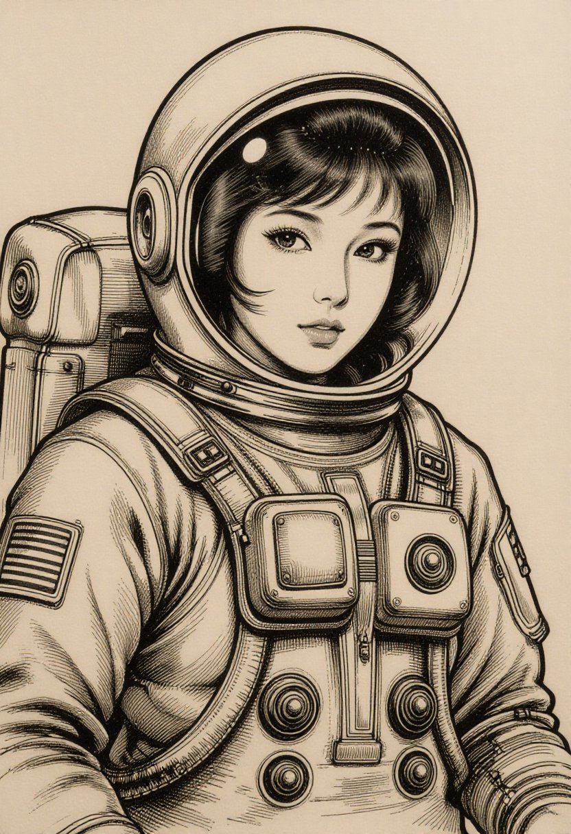 illustration of Japanese woman 1960s Astronaut in style of ink sketch on construction paper. ((intricate paper texture)) b...