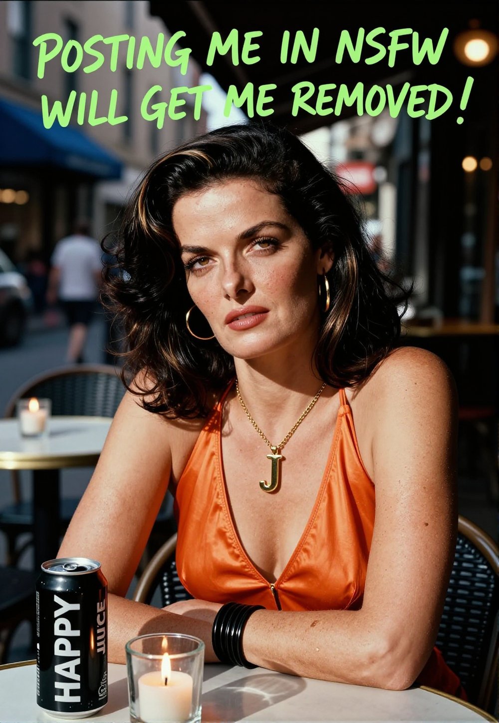 A woman with MEDIUM STRAIGHT BLACK hair WITH HIGHLIGHTS who sits at a café table,  gazing thoughtfully at the camera with...