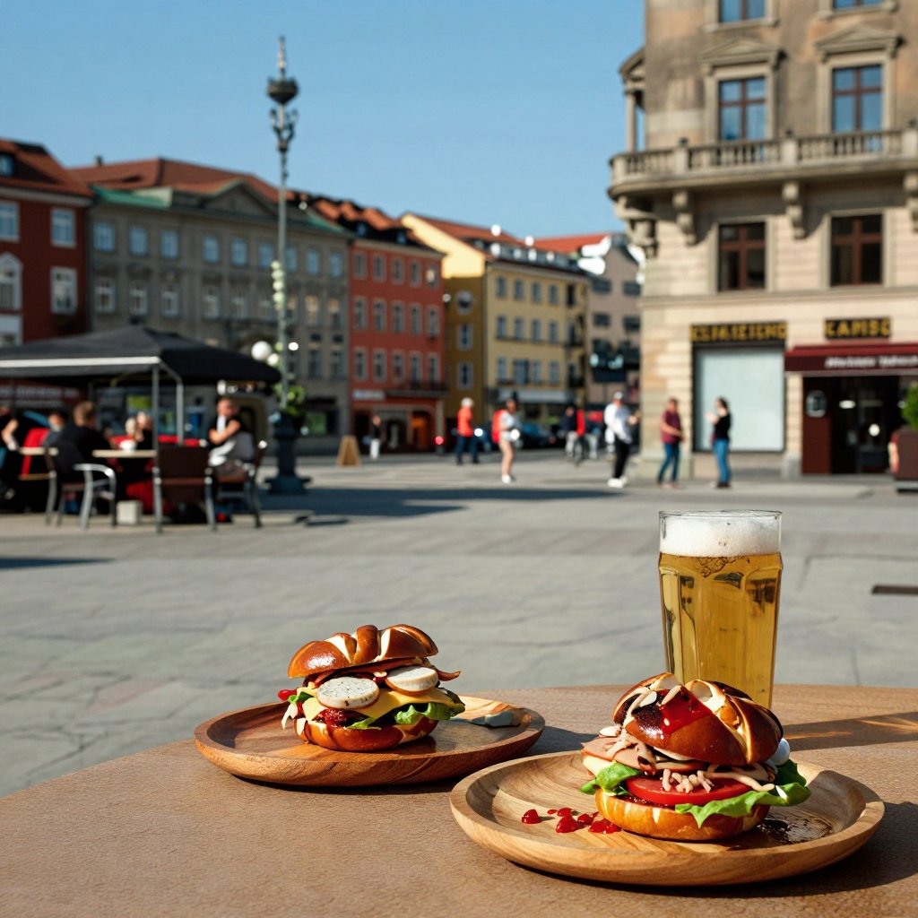 Ultra-realistic cinematic food photography of authentic German Weißwurstburger (white sausage burger),  daytime outdoor ho...