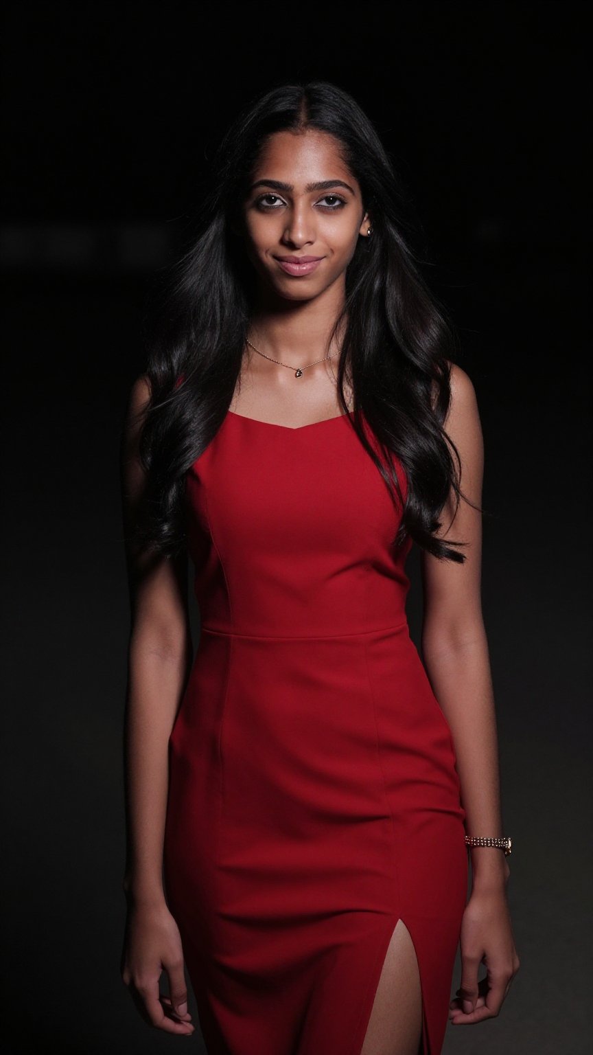 A 25-year-old girl with long,  black hair and dark skin stands solo,  looking directly at the viewer with a warm by AI fac...