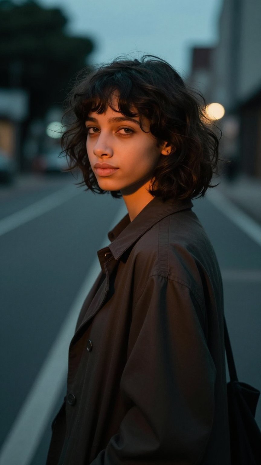 sec_filter,  A cinematic ,  Moody photograph of a young adult east women with short wavy volumetric dark hair and bangs by...