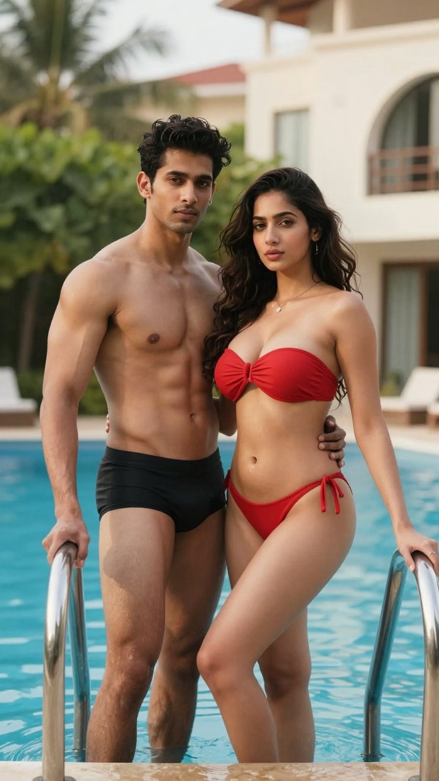 A South Asian couple stands at the edge of a bright blue swimming pool,  bathed in warm,  diffused daylight. The muscular...