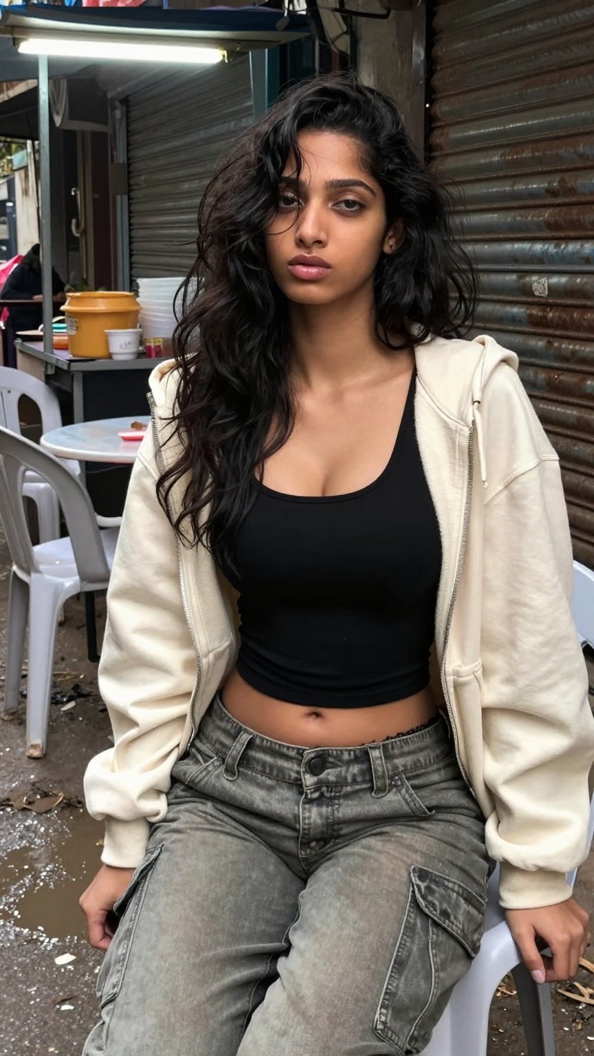 CHARACTER CONSISTENCY — Young South Indian woman with pale olive skin,  visible skin texture,  slim-curvy busty physique b...
