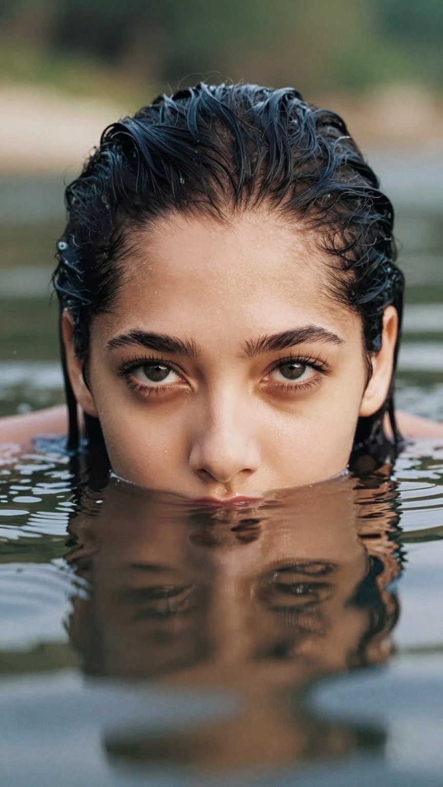 This is a fine art photograph of a woman partially submerged in water,  taken from a low-angle perspective that emphasizes...