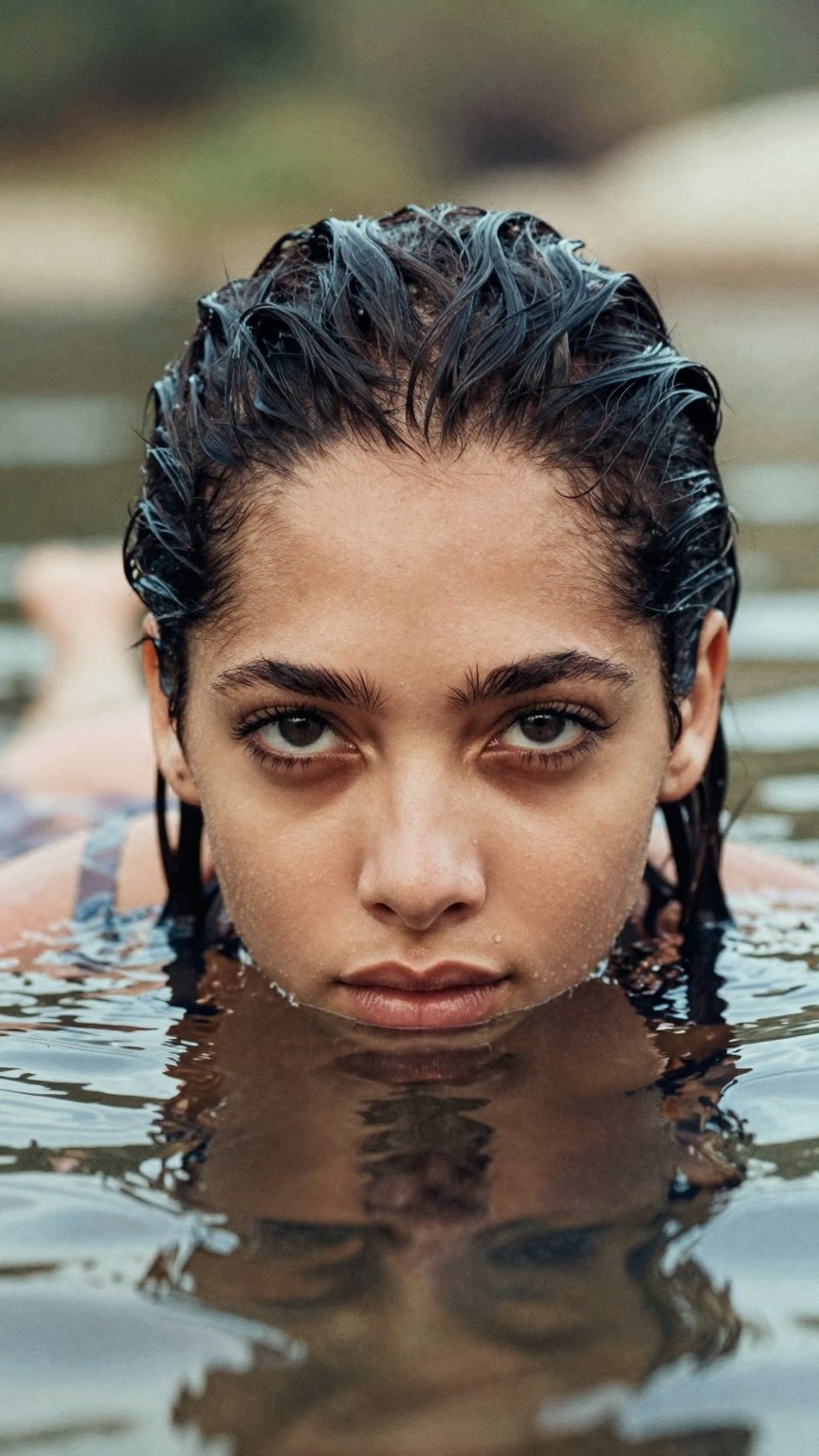 This is a fine art photograph of a woman partially submerged in water,  taken from a low-angle perspective that emphasizes...