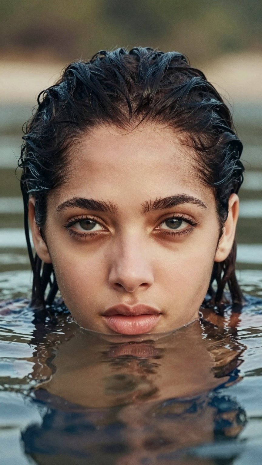 This is a fine art photograph of a woman partially submerged in water,  taken from a low-angle perspective that emphasizes...