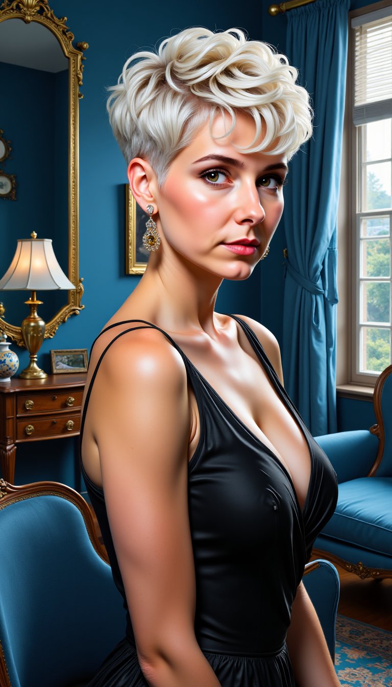 A Beauty woman,  black shoulderless vintage dress,  white blonde super short pixie hair by VisionBlue on Tensor.Art