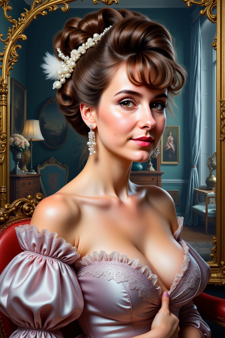 Rococo-inspired portrait of a beautiful woman with warm brown eyes,  elegant closed-mouth smile,  elaborate powdered-style...