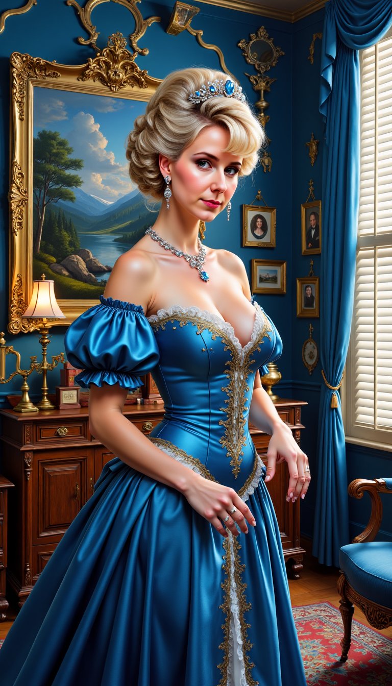 A woman with fair skin and styled blonde hair wears an ornate blue satin gown with puffed sleeves,  white lace trim,  and...