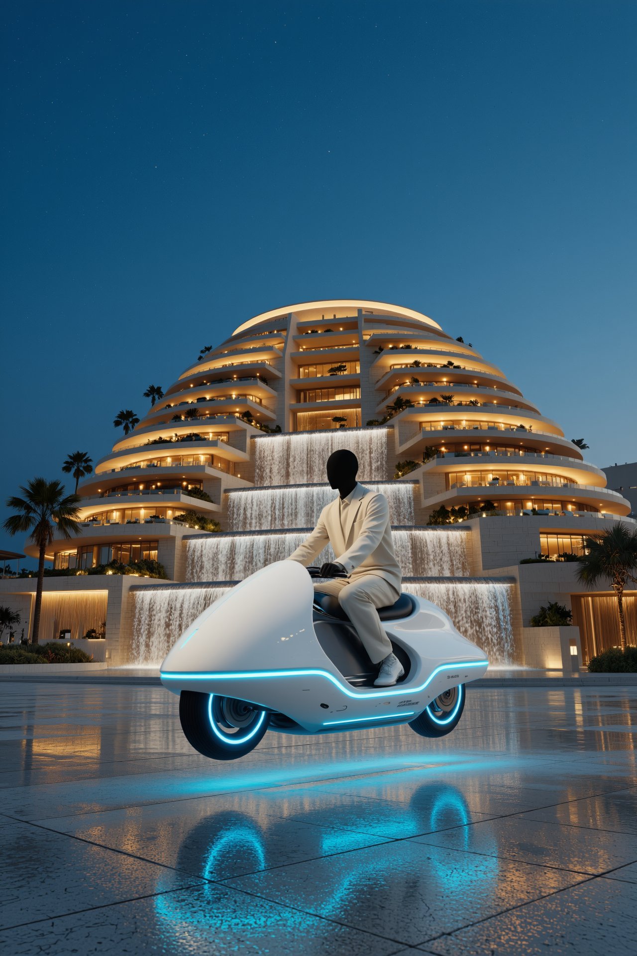 Medium shot,  low angle. A figure in a simple pale ivory field suit sits upright ON TOP of a smooth hovering vehicle ridin...