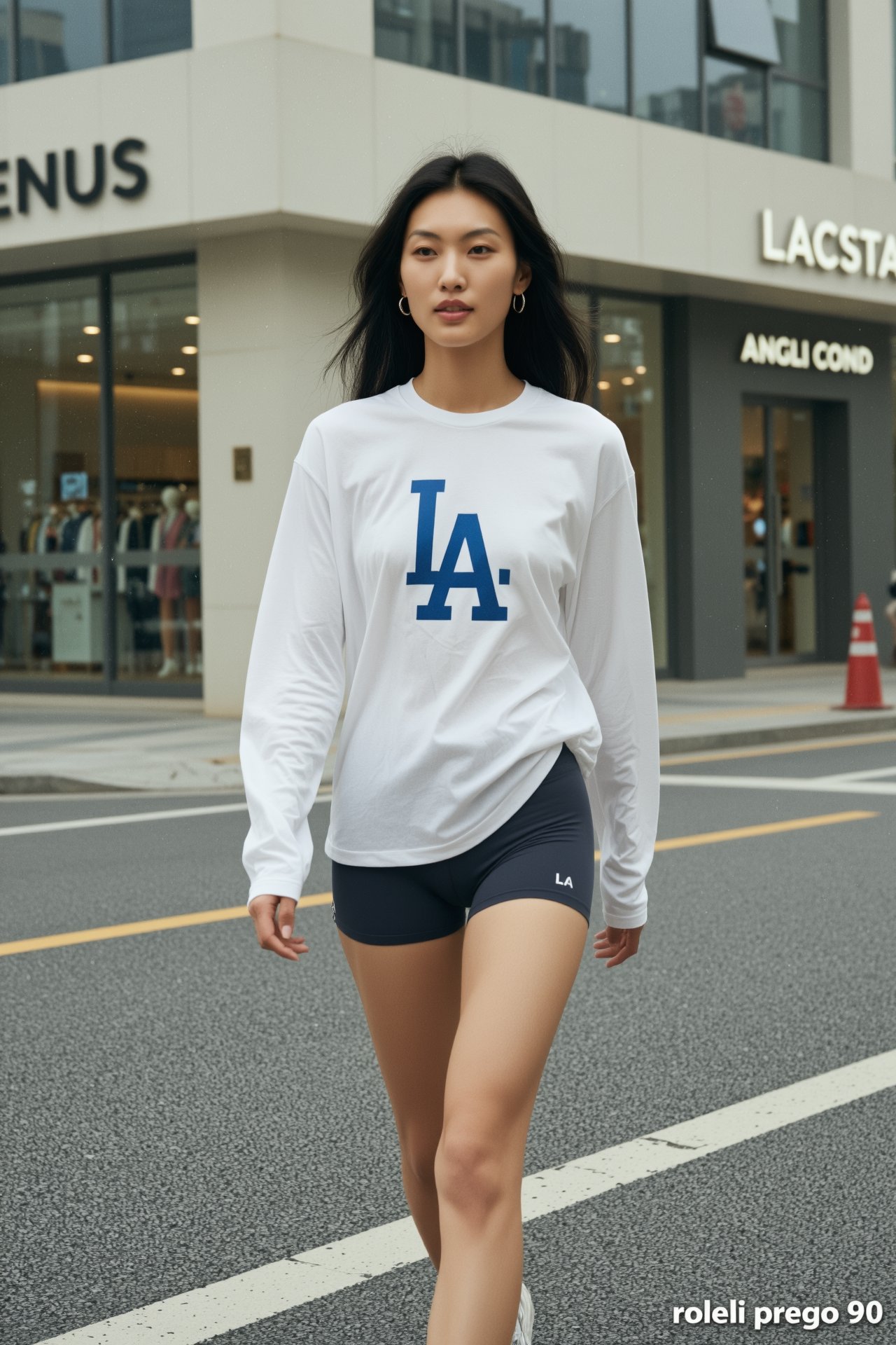 Poetic street candid shot of an east asian effortless chic supermodel,  walking on modern street,  slim and fit figure by...