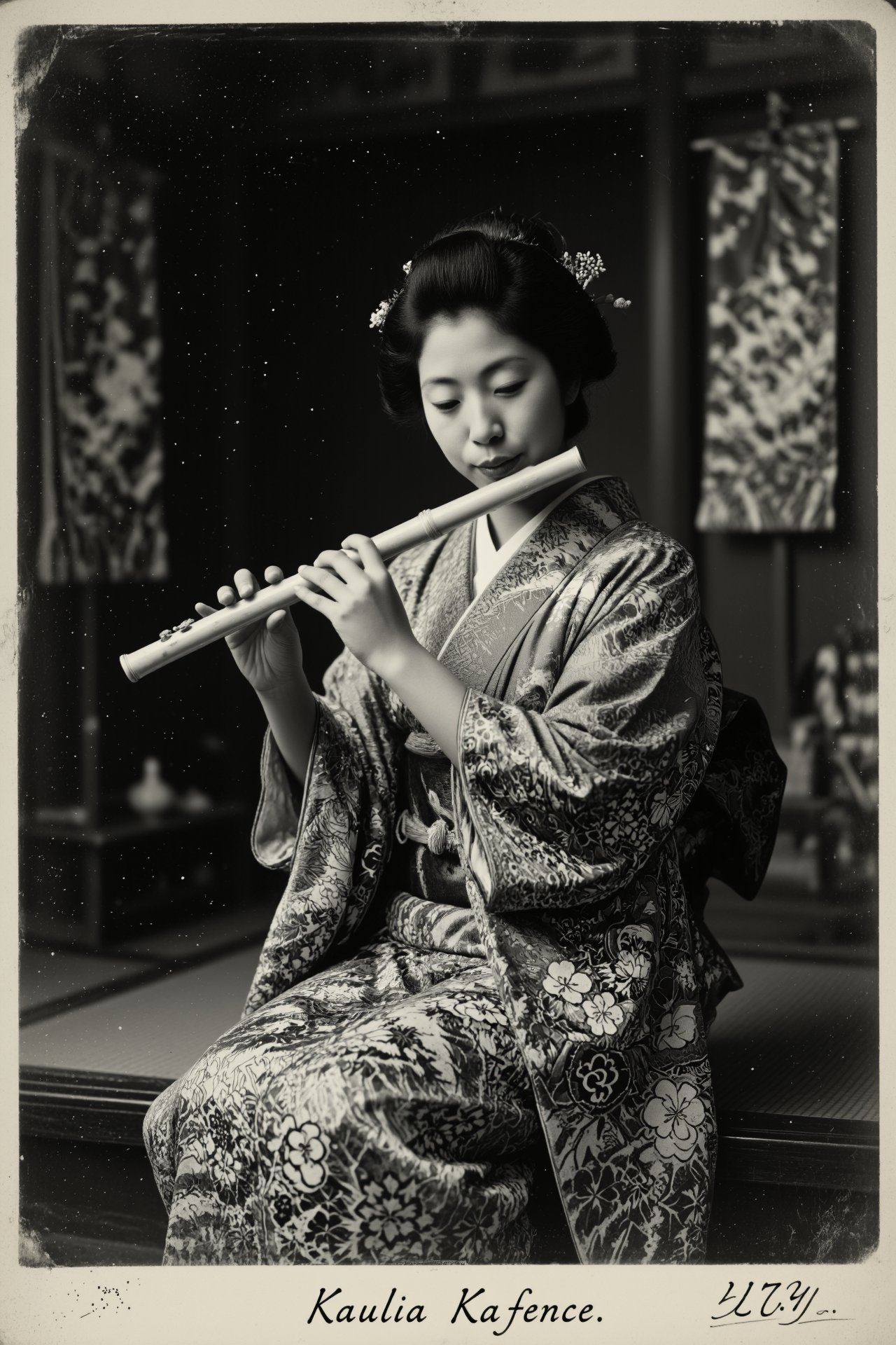 a black and white tintype photograph of a Japanese woman playing a flute,  wearing a patterned kimono. seated slightly to...
