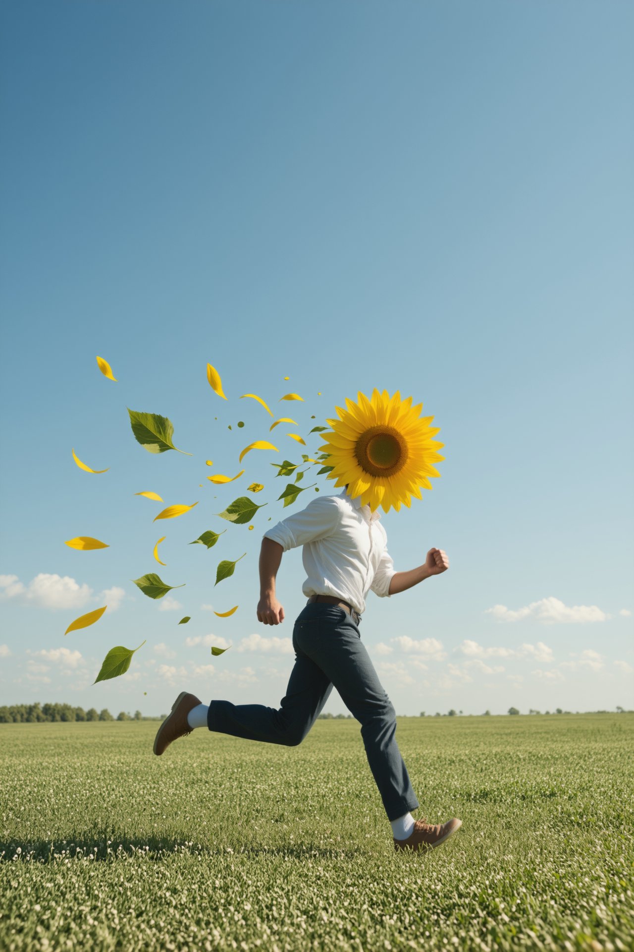 side view,  sunflower-man running while some leaf and petals fly out of him. widedistant shot,  sunny day. by RAY3780 on T...