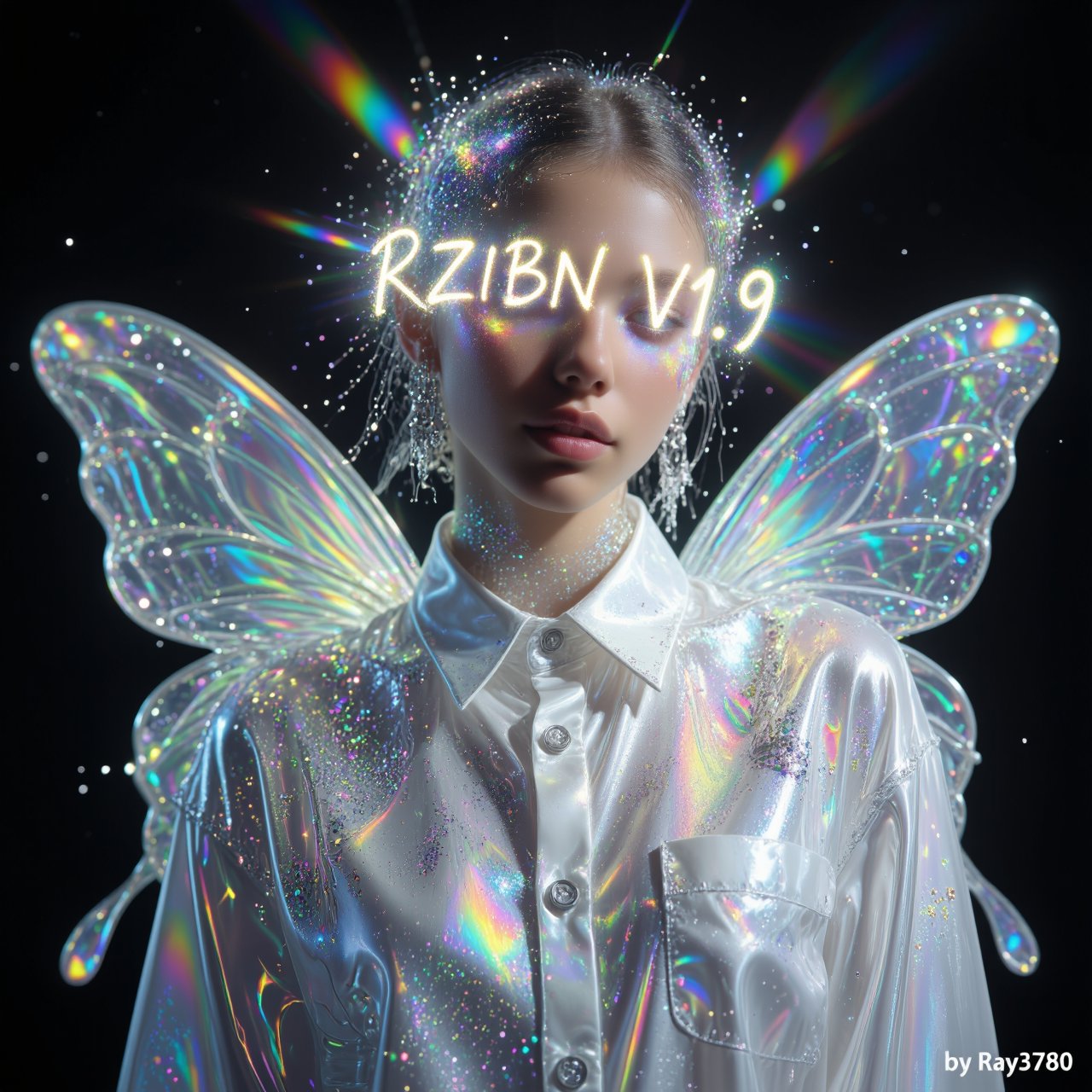 ultra hyperrealistic surreal fashion portrait of an ethereal androgynous figure wearing oversized glossy white silk shirt...