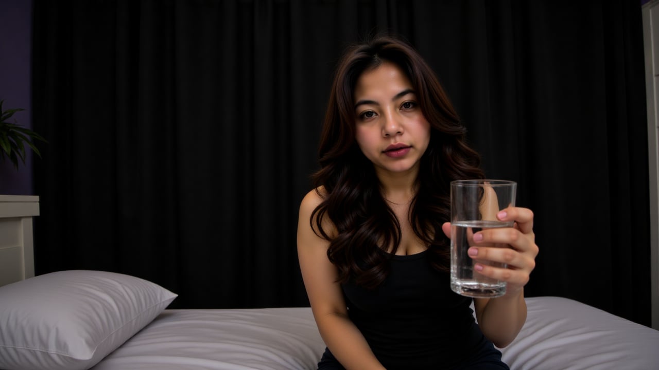 The image shows a woman sit on bed in a dimly lit room,  holding a glass of water. The person is wearing a black sleeveles...