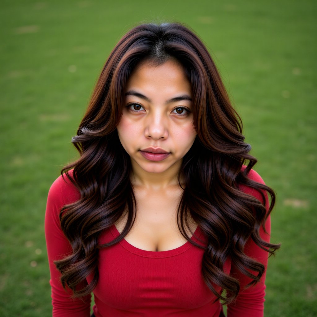 A central,  full-body shot of a woman outdoors. The photo background has a depth of field with eye autofocus,  sharp focus...