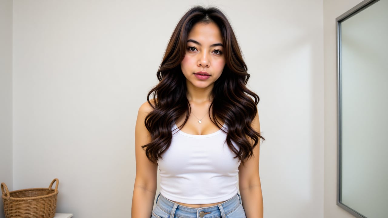 The image shows a young woman with long,  wavy dark hair wearing a white sleeveless crop top and light blue denim shorts....