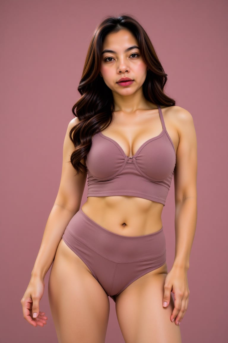 A photo featuring a woman wearing plain lingerie in an attractive random color,  centered in a full-body shot. The backgro...