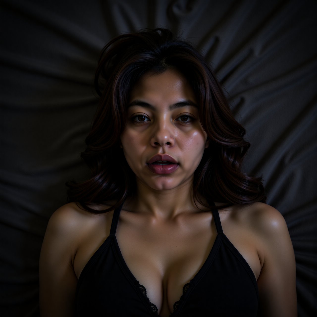 Widow's Repose: A high-angle shot frames the beady satin lace dress-clad widow lying on her back on bed,  oblivious to the...