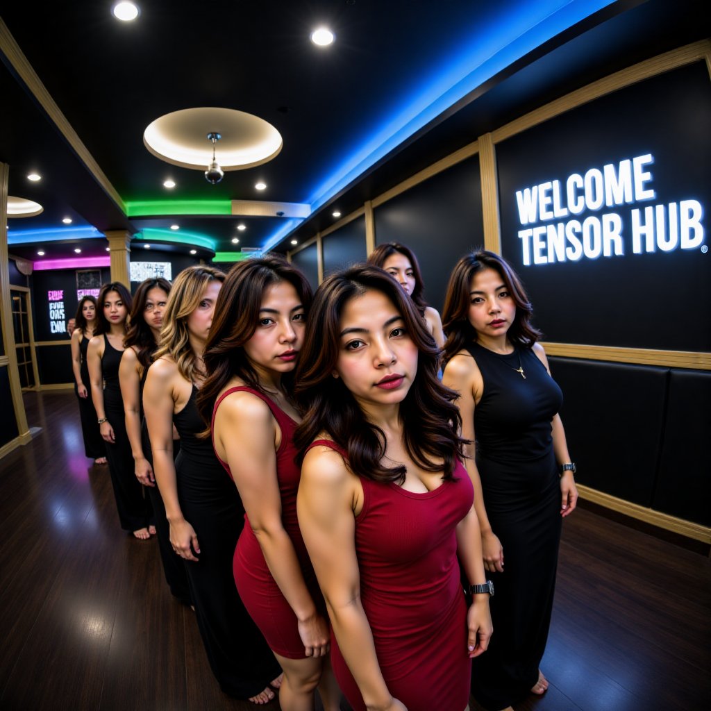 A POV ultra-cinematic shot with a wide-angle lens. Many gorgeous young women with different faces are wearing different ty...