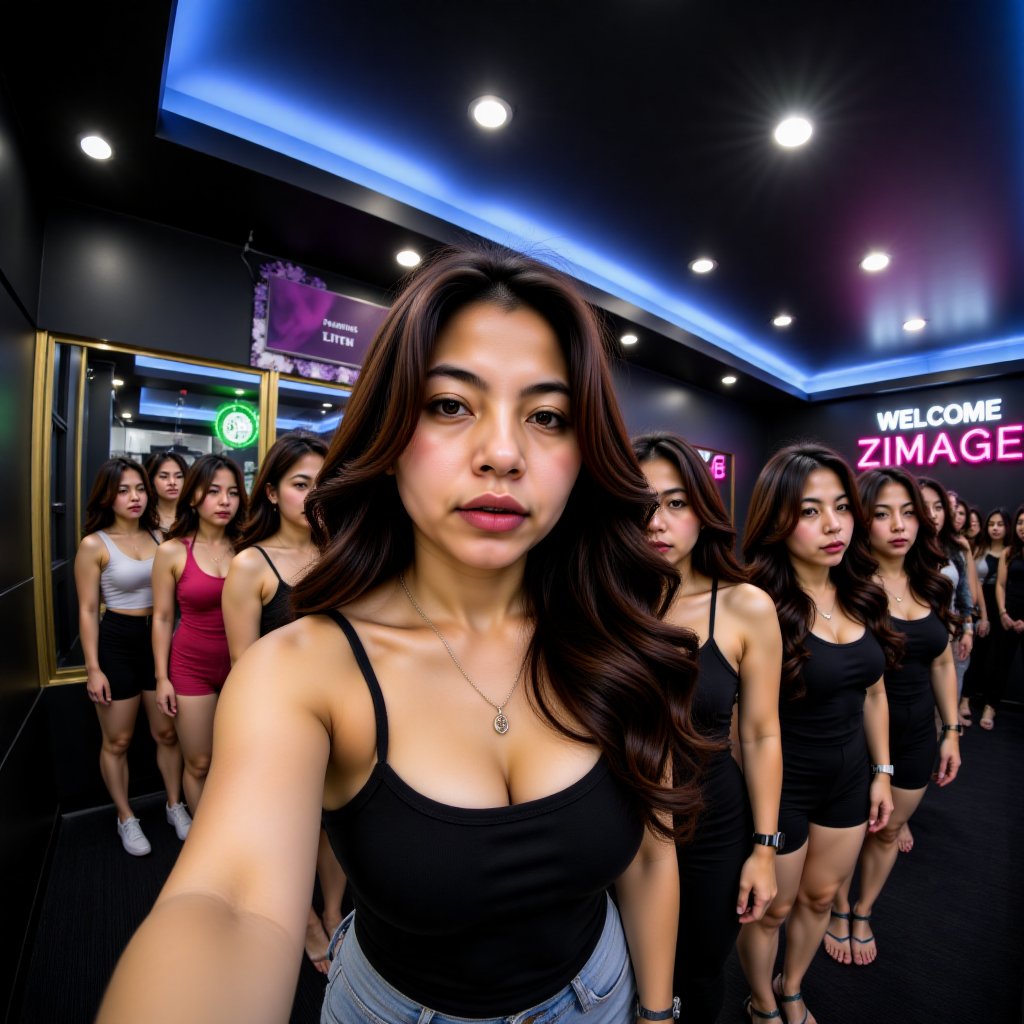 A POV ultra-cinematic shot with a wide-angle lens. Many gorgeous young women with different faces are wearing different ty...